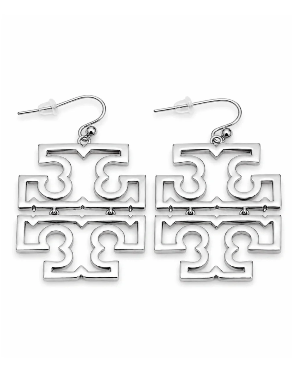TORY BURCH • Silver Britten Crystal Logo Drop Earrings